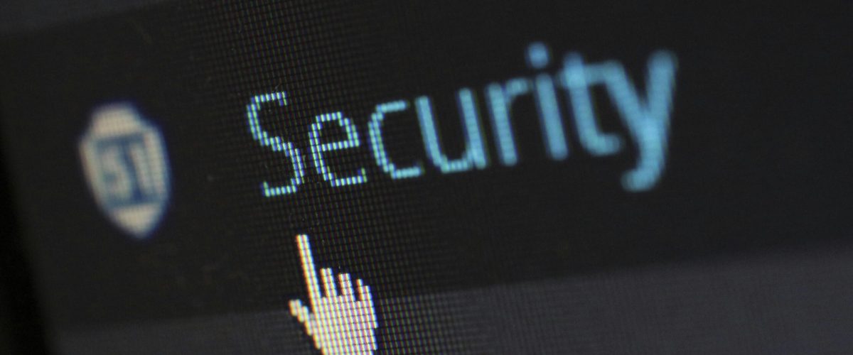 Close-up view of a mouse cursor over digital security text on display.